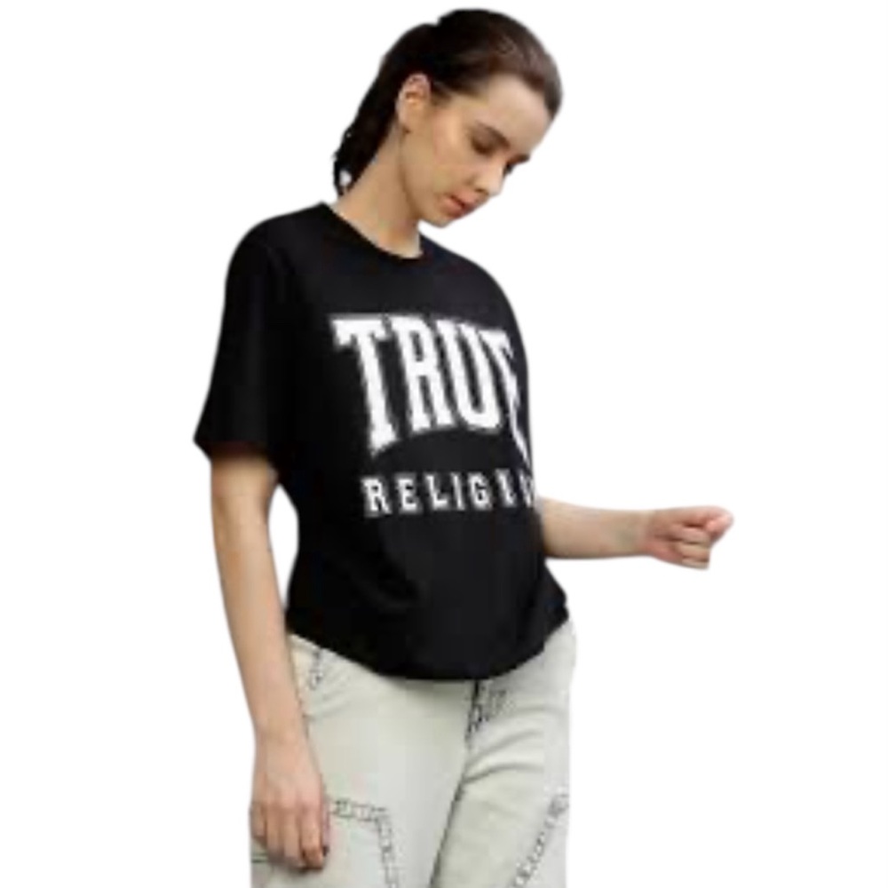 NWT TRUE RELIGION Jet Black TR GRAPHIC TEE CROPPED Size LARGE 100% Cotton